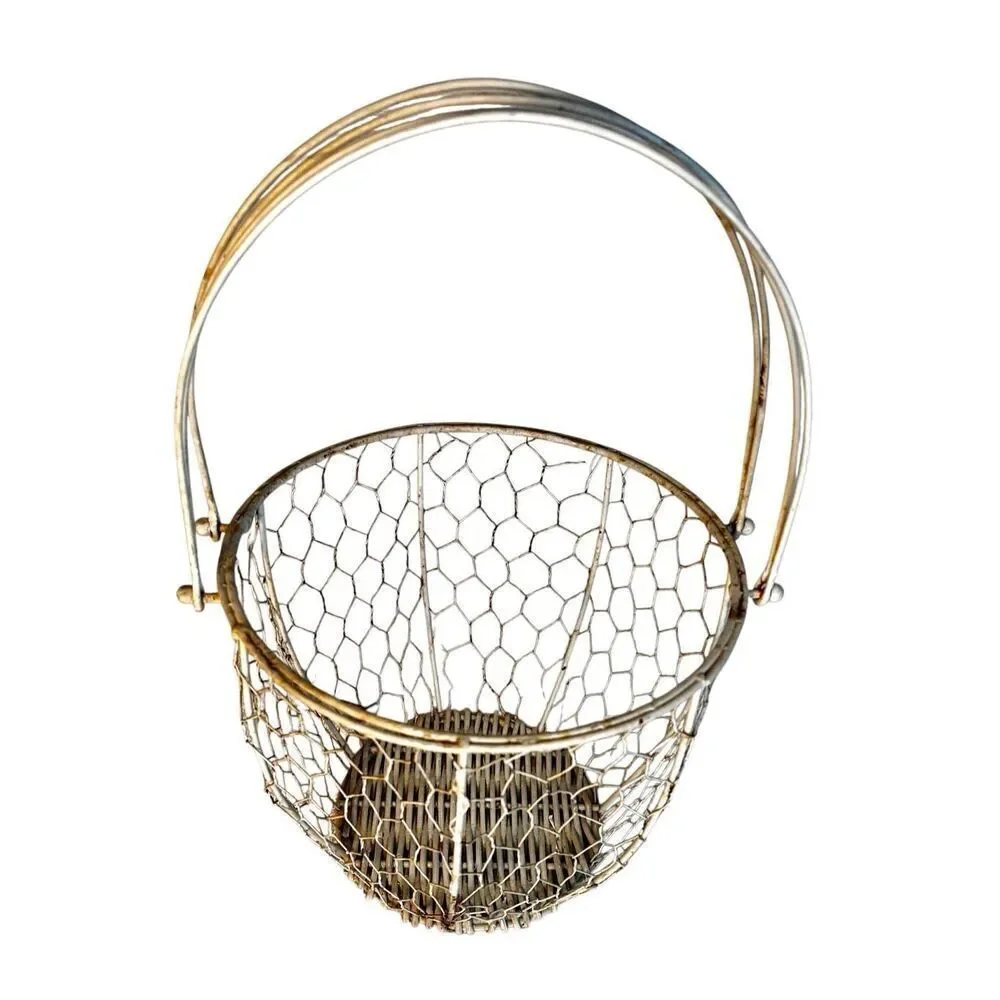 Vintage Wire & Wicker Basket with Handles Egg Basket Cottagecore Grannycore
